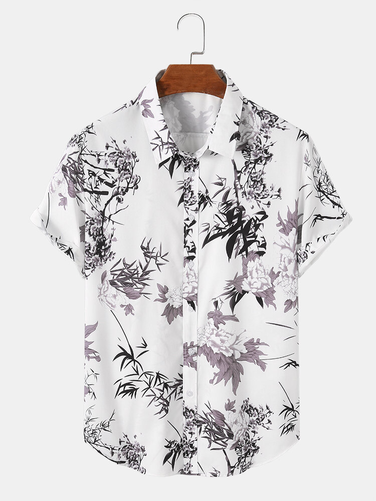 Mens Floral Plants Print Lapel Holiday Short Sleeve Shirts