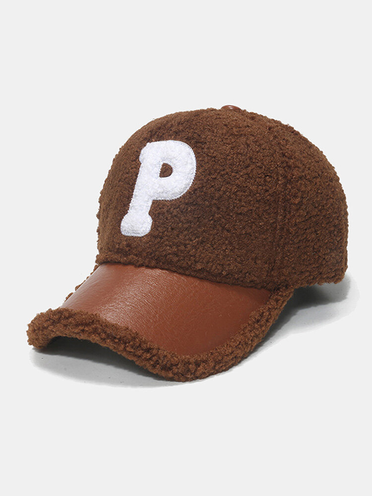 Unisex Lambswool Plush PU Patchwork Color Contrast P Letter Patch Autumn Winter Outdoor Warmth Baseball Cap