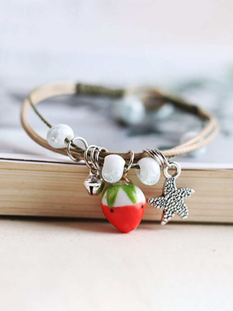 Trendy Cute Strawberry Handmade Woven Adjustable Star-shaped Ceramics Bracelets