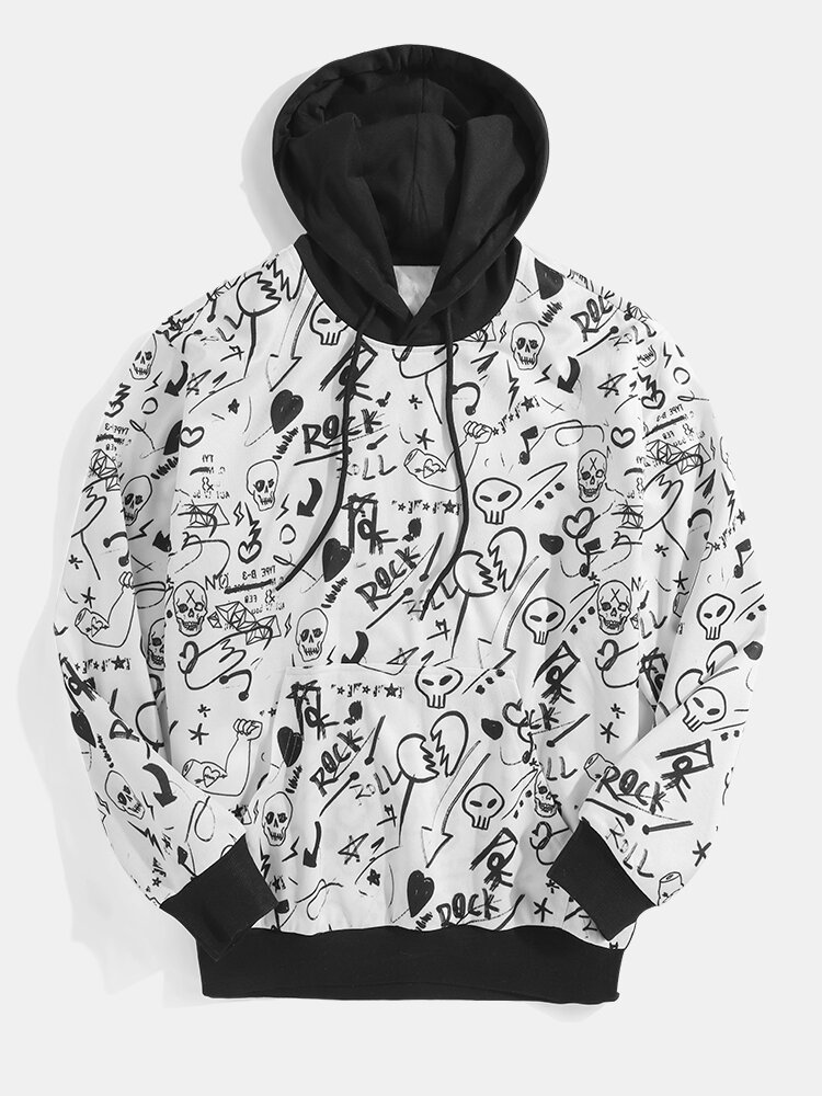 Mens Hand-Painted Element Print Casual Pullover Hoodie With Kangaroo Pocket