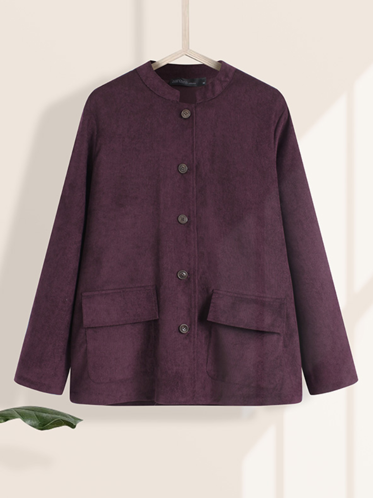 Corduroy Stand Collar Long Sleeve Button Plus Size Jackets with Pocket