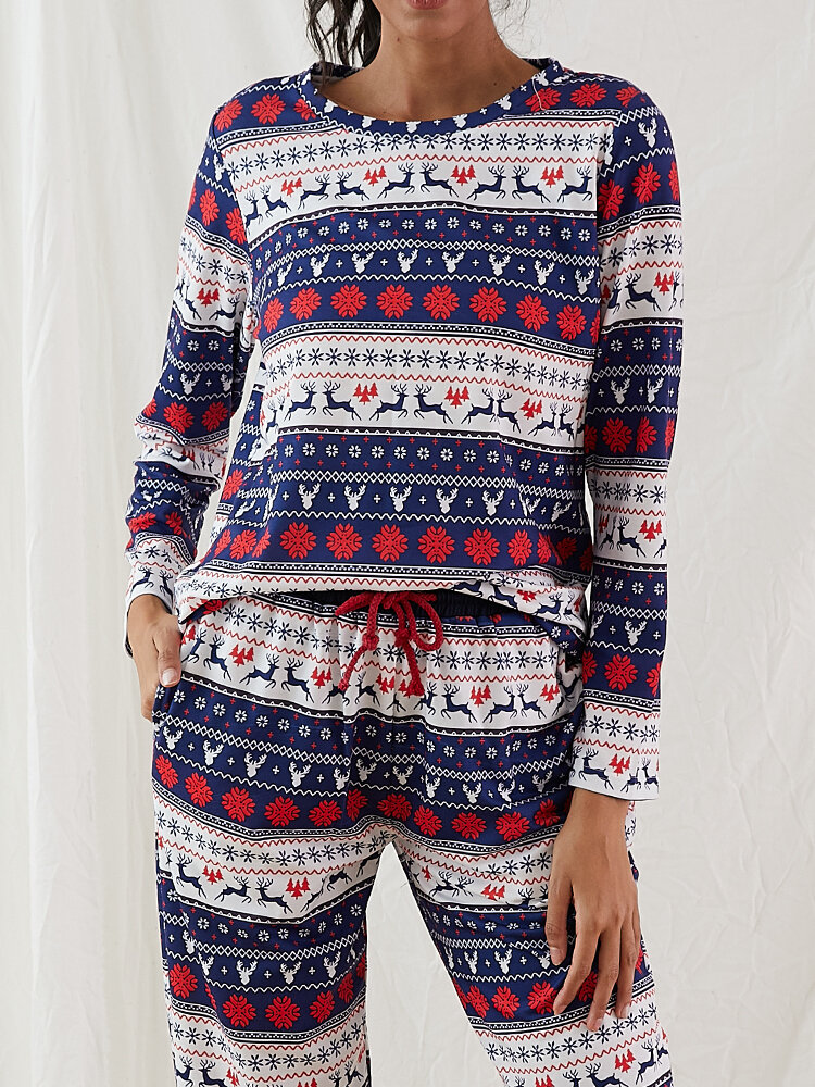

Plus Size Women Christmas Allover Snowflake Elk Printed Crew Neck Comfy Drawstring Pants Pajamas Set With Pocket, Navy