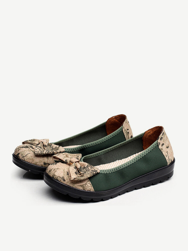 

Bowknot Slip On Casual Round Toe Old Peking Flats Loafers, Green;coffee;red
