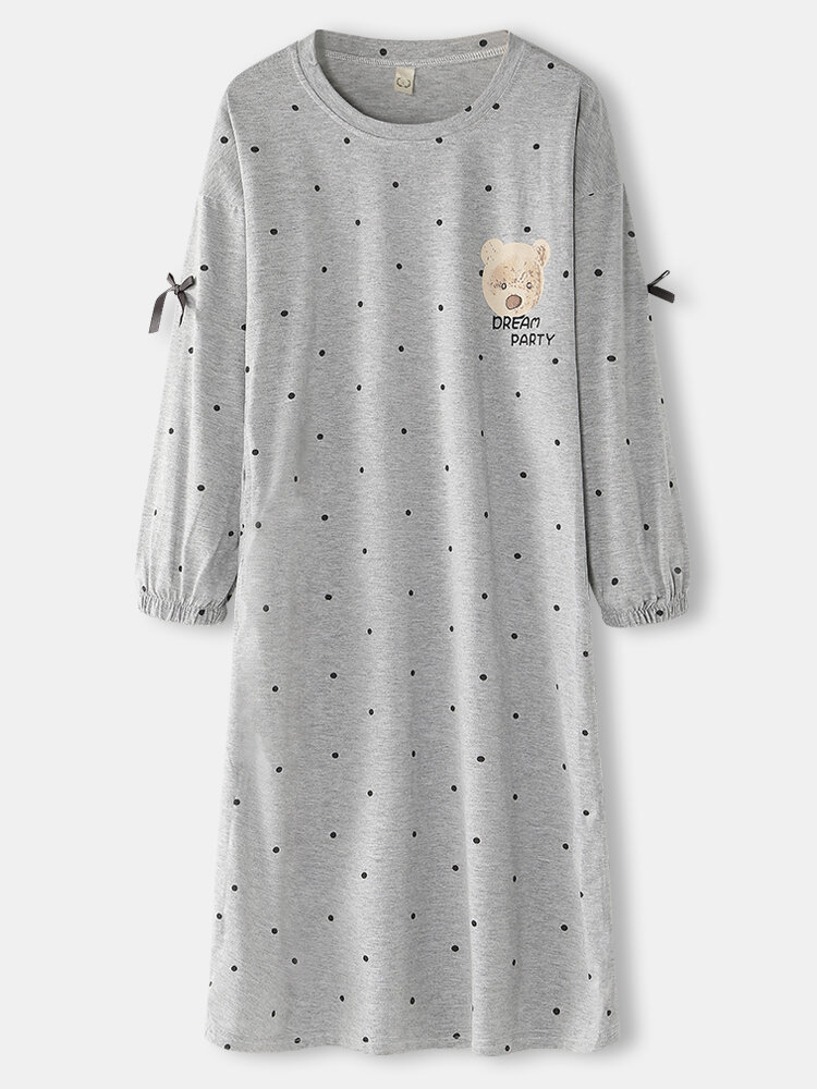 Women Polka Dot Cartoon Bear Butterfly Trims Long Sleeve Loose Home Nightgown With Pocket