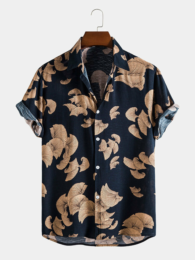 Mens Vintage Leaf Print Button Up Holiday Cotton Short Sleeve Shirts