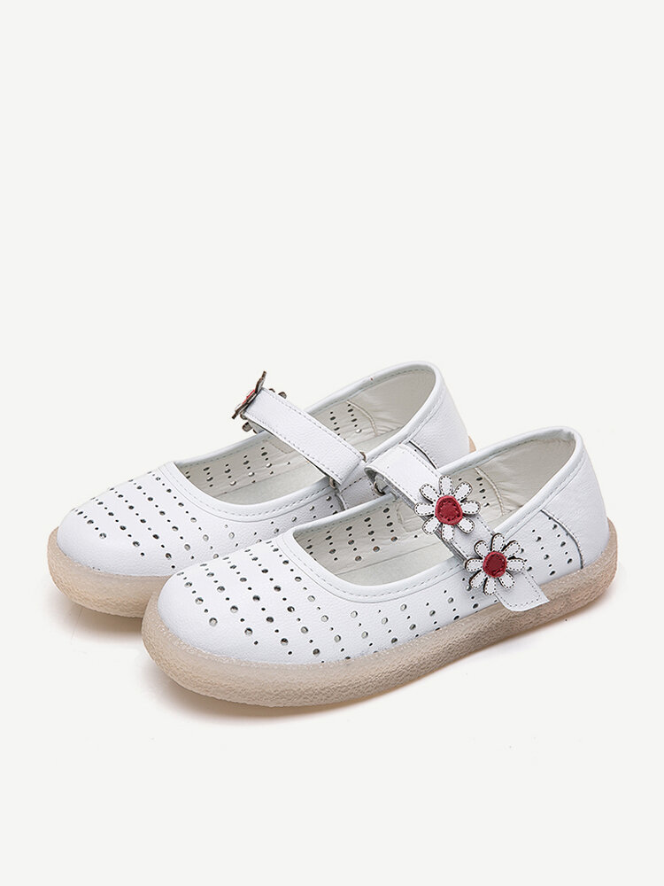 Women Leather White Flower Round Toe Non Slip Hook Loop Shoes