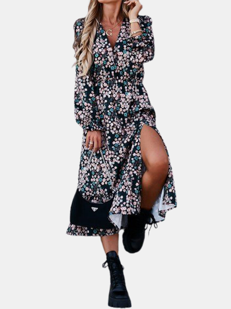 Splited Floral Leopard Print Long Sleeve Dress For Women
