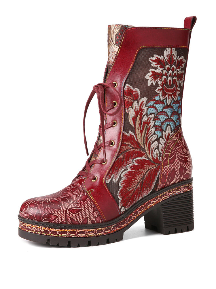 Socofy Retro Ethnic Floral Embroidered Genuine Leather Side-zip Comfy Chunky Heel Mid Calf Boots