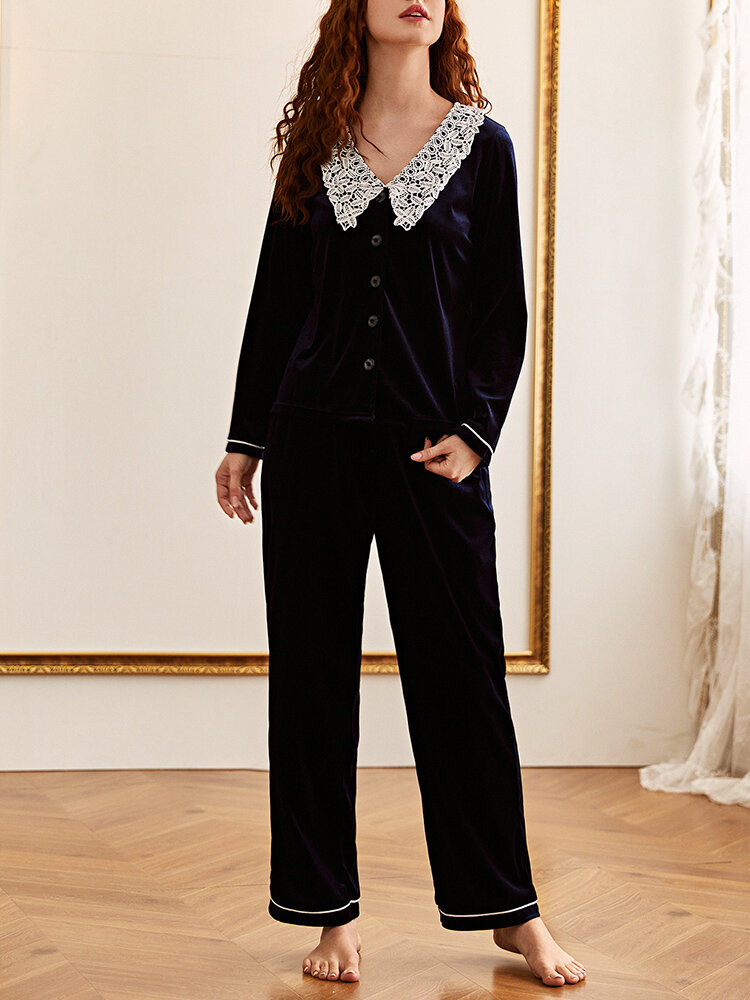 

Women Velour Lace Collar Button Up Cozy Long Pajamas Set With Contrast Binding, Navy