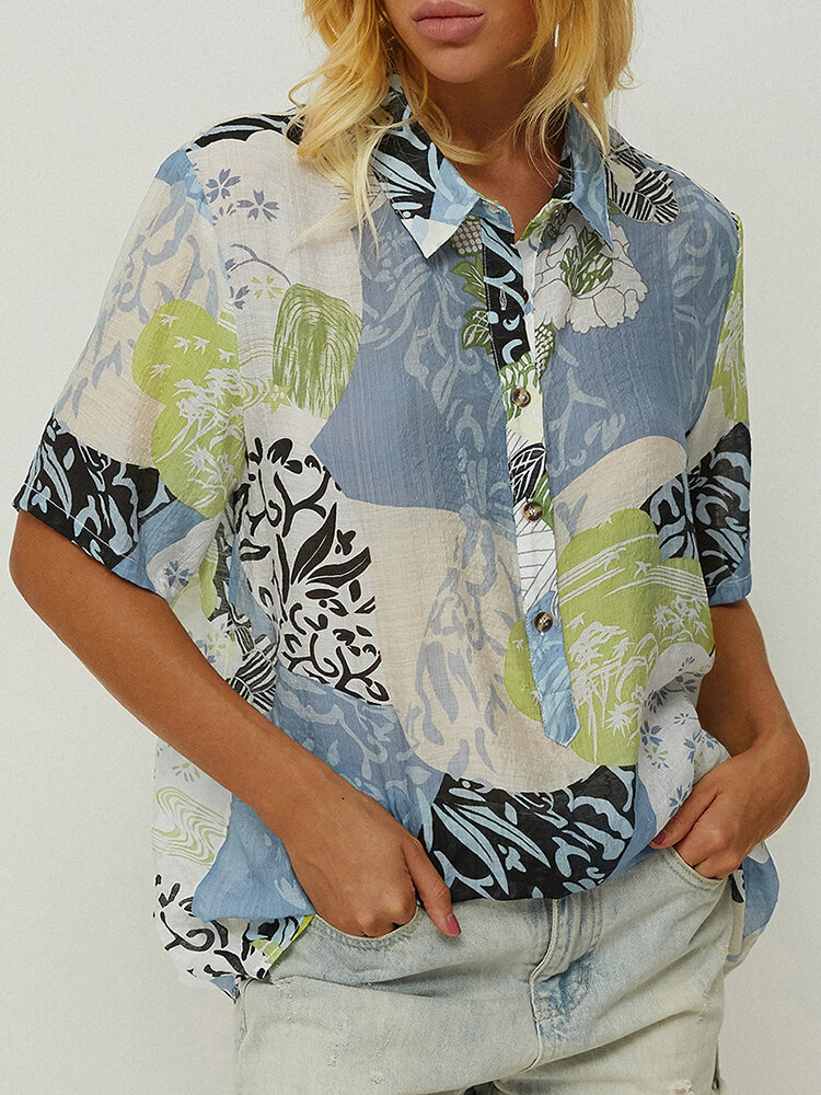 Multi-color Floral Print Short Sleeve Shirt For Women