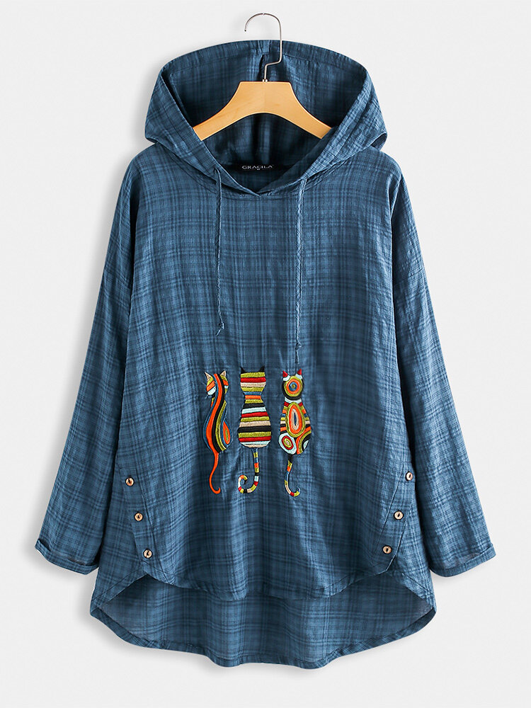 Cartoon Cat Embroidered Plaid Hooded Long Sleeve Blouse