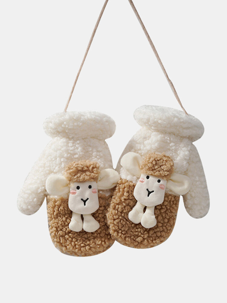 Unisex Plush Thickened Jacquard Cartoon Sheep Doll Decorated Warmth Halter Mittens Gloves