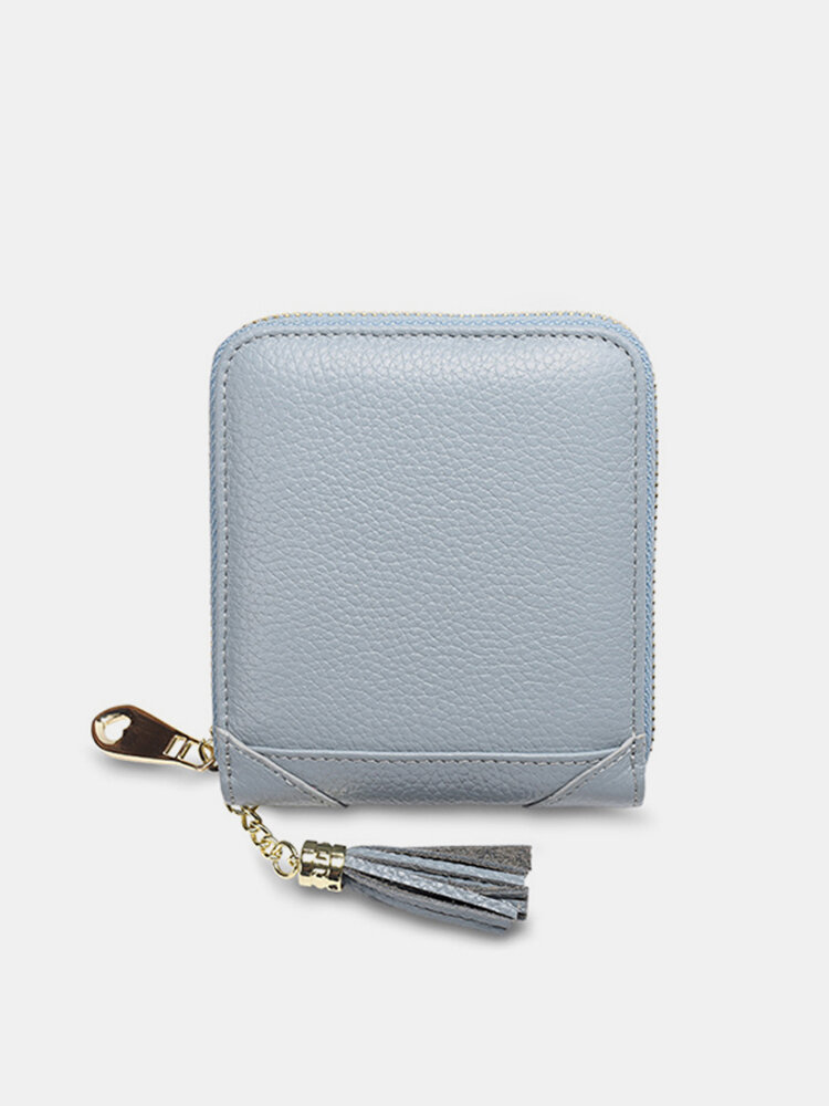 RFID Women Genuine Leather Bifold Short Wallet 4 Card Slot Tassel Solid Coin Purse
