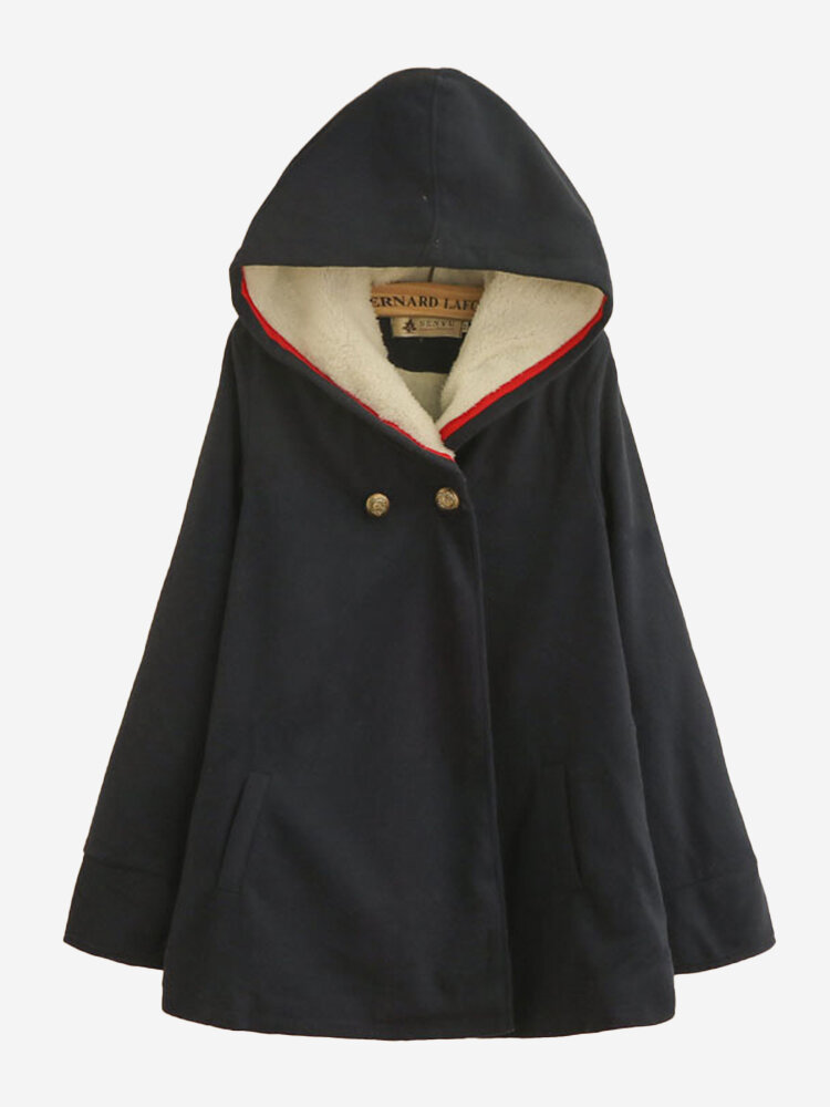 Thick Solid Color Hooded Long Sleeve Cape Coat