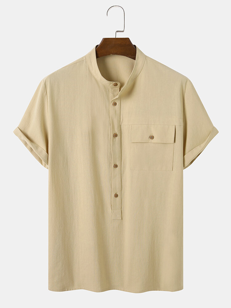 Mens Half Button Flap Pocket Cotton Short Sleeve Henley Shirts