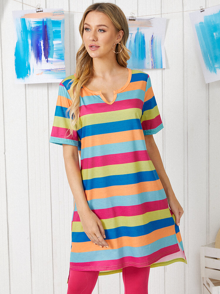 Colorful Striped Print Short Sleeve Slit T-shirt for Women