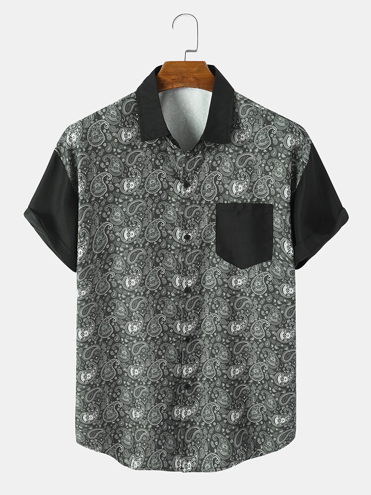 Mens Monochrome Paisley Print Button Up Short Sleeve Shirts