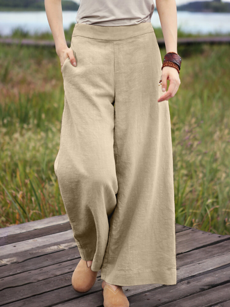 Women Solid Color Cotton Casual Wide Leg Pants