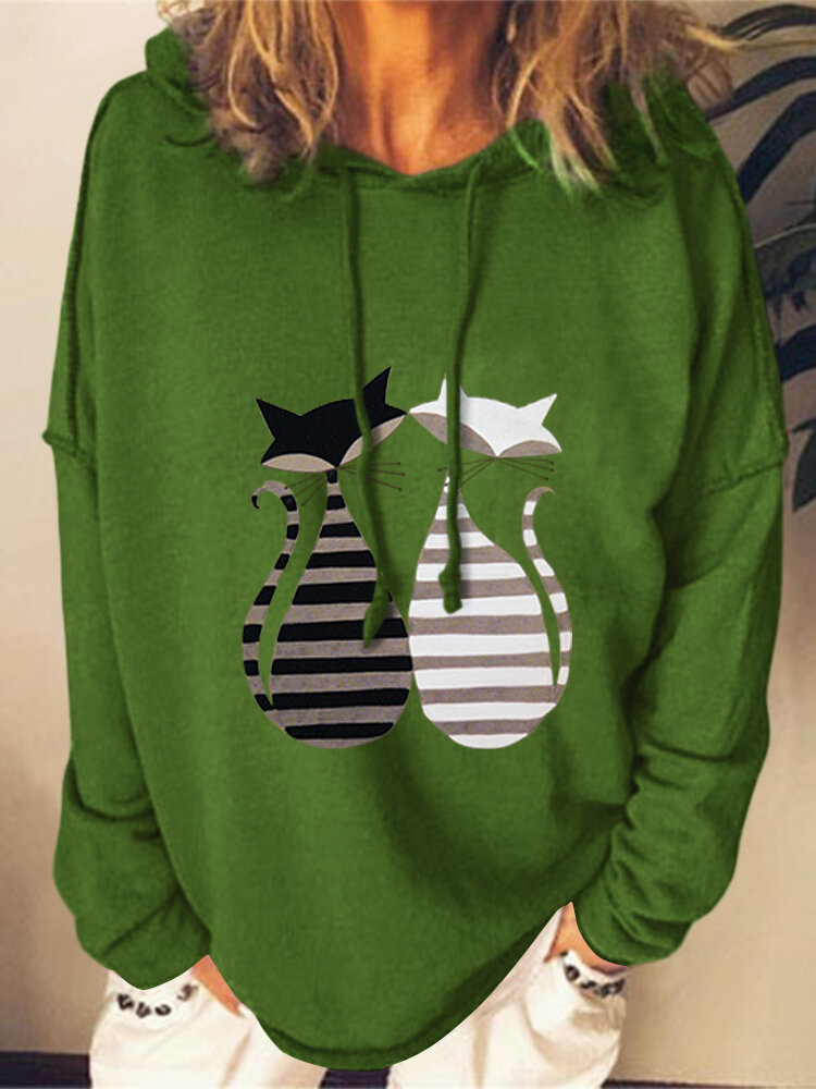 Cute Cat Printed Long Sleeve Plus Size Pullover Hoodie