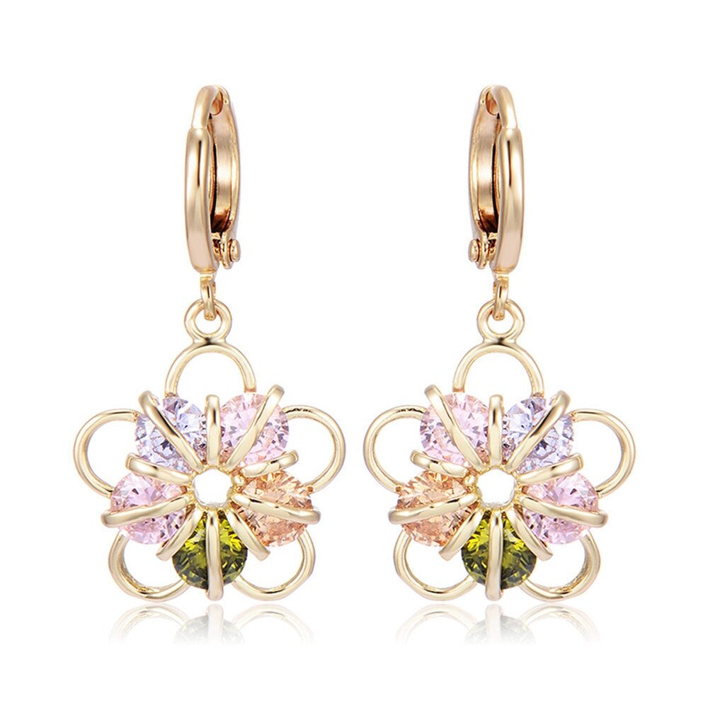 Fashion Ear Drop Earrings Gold Plated Colorful Ziron Flower Charm Earrings Elegant Jewelry for Women