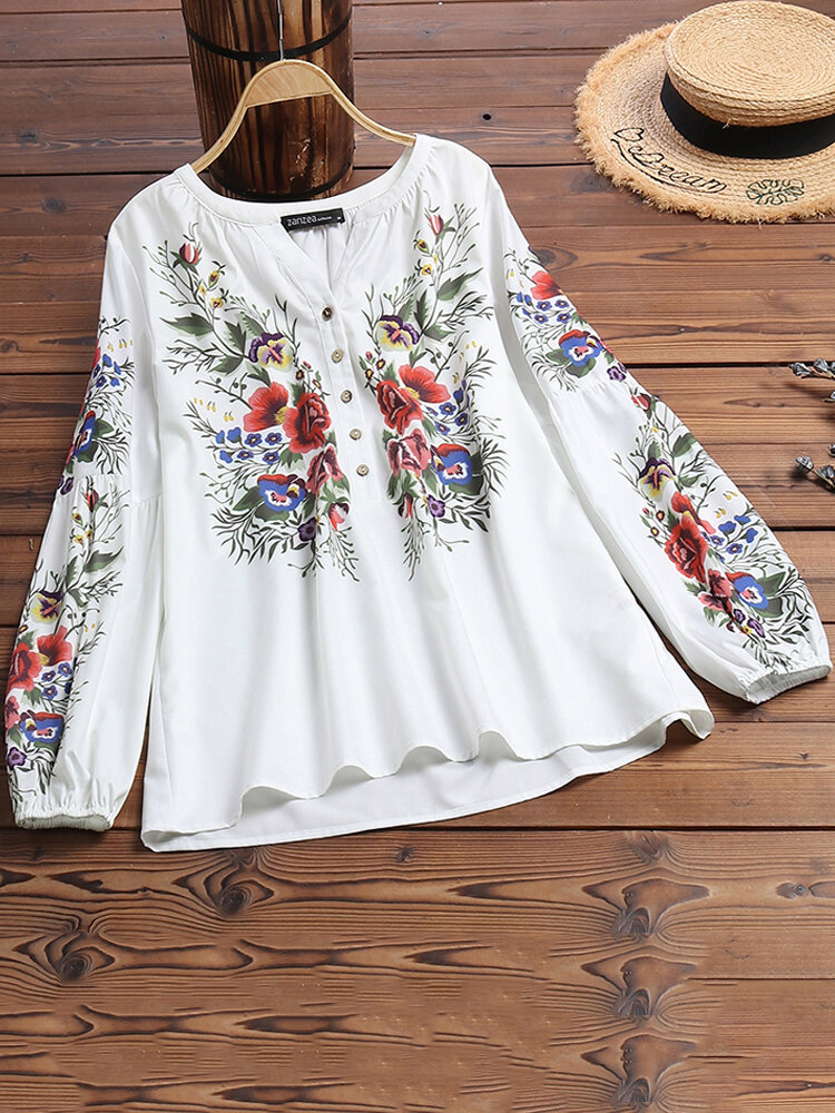 Damen-Bluse mit Blumendruck, Stehkragen, halber Knopfleiste und langen Ärmeln