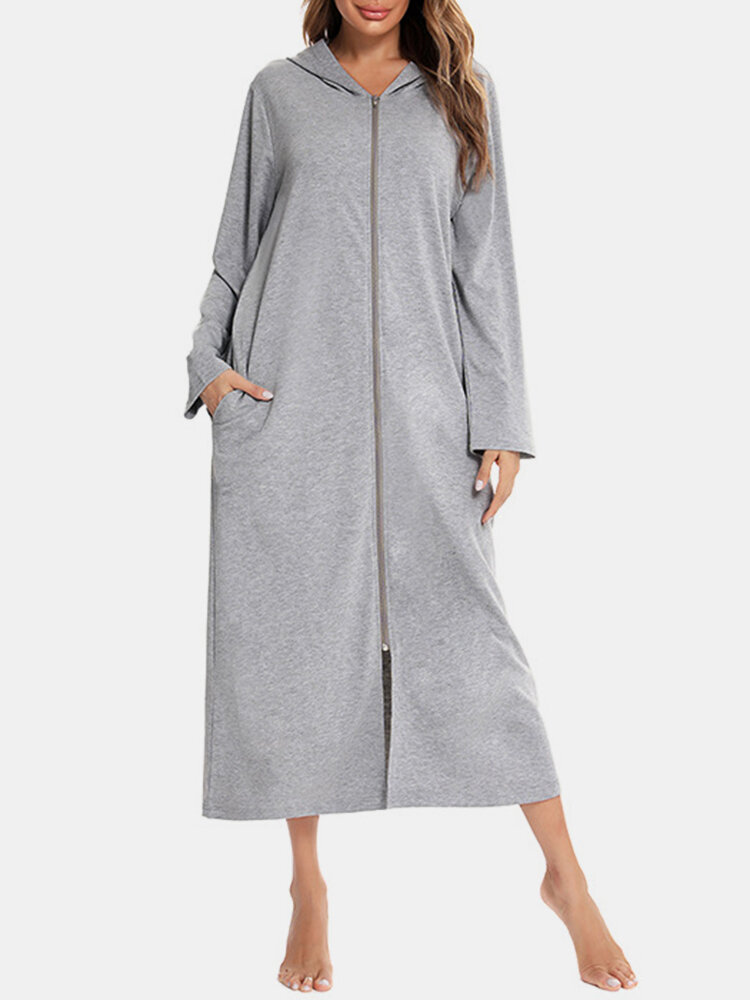 Plus Size Women Cotton Solid Zip Front Long Sleeve Hooded Nightdress With Pockets