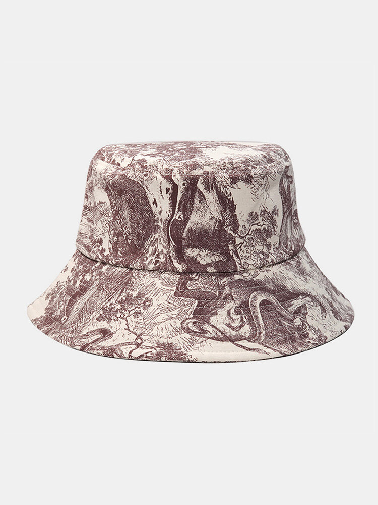 Unisex Polyester Cotton Line Drawing Landscape Painting Print Fashion Sunshade Bucket Hat