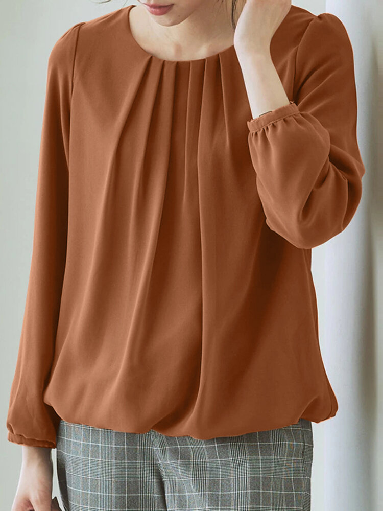 Женская однотонная плиссированная блузка с длинными рукавами и эластичным подолом Шея