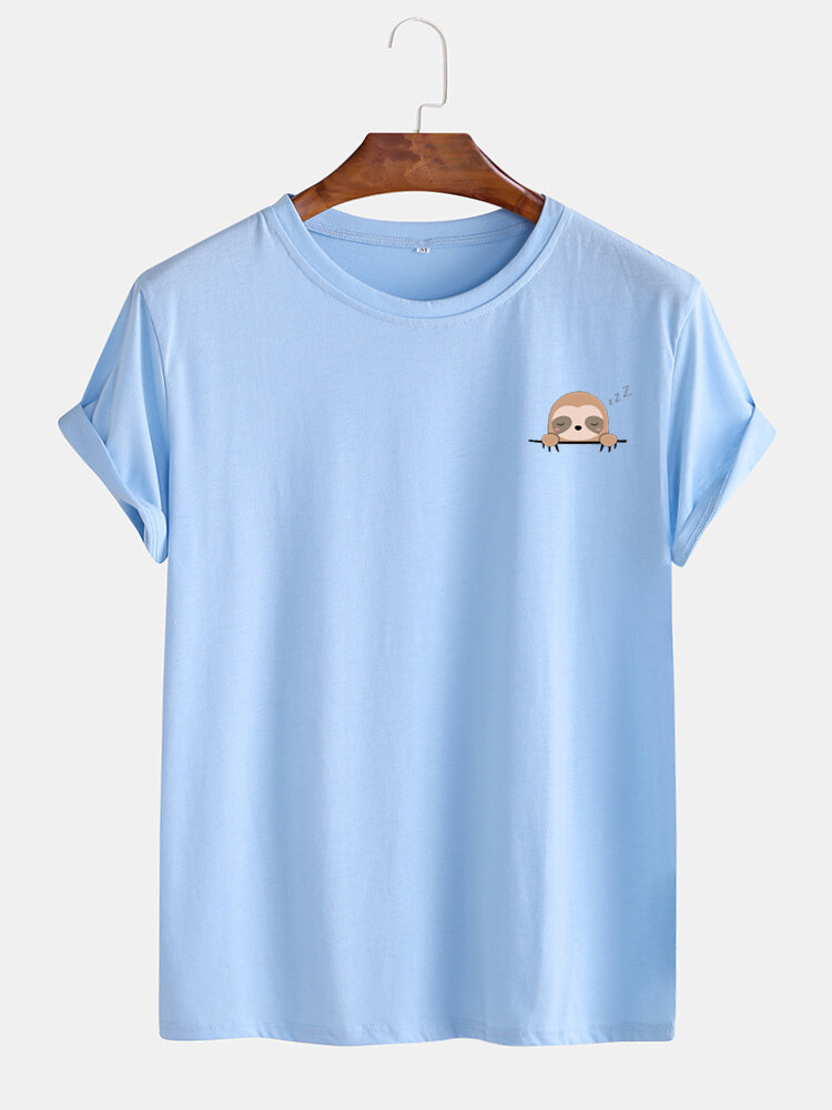 Mens Cotton Cartoon Sloth Solid Color Short Sleeve Casual T-Shirt