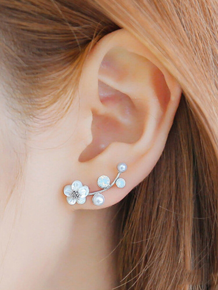 Vintage Flower Pearl Earrings Geometric Metal Rhinestone Leaves Earrings Chic Jewelry
