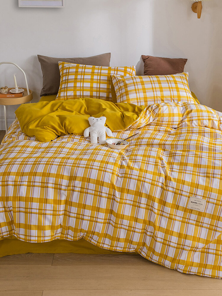 4Pcs Simple Nordic Plaid Four-piece Bedding Bed Linen Skin-friendly Quilt Cover