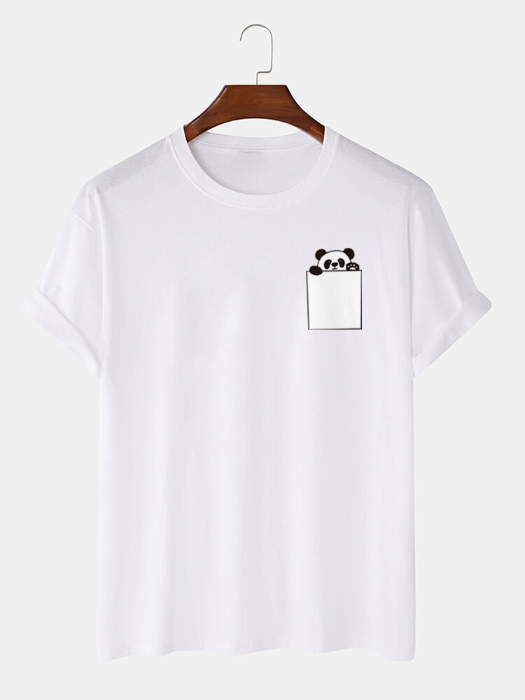Mens Cute Panda Chest Print Casual Short Sleeve Cotton T-Shirts