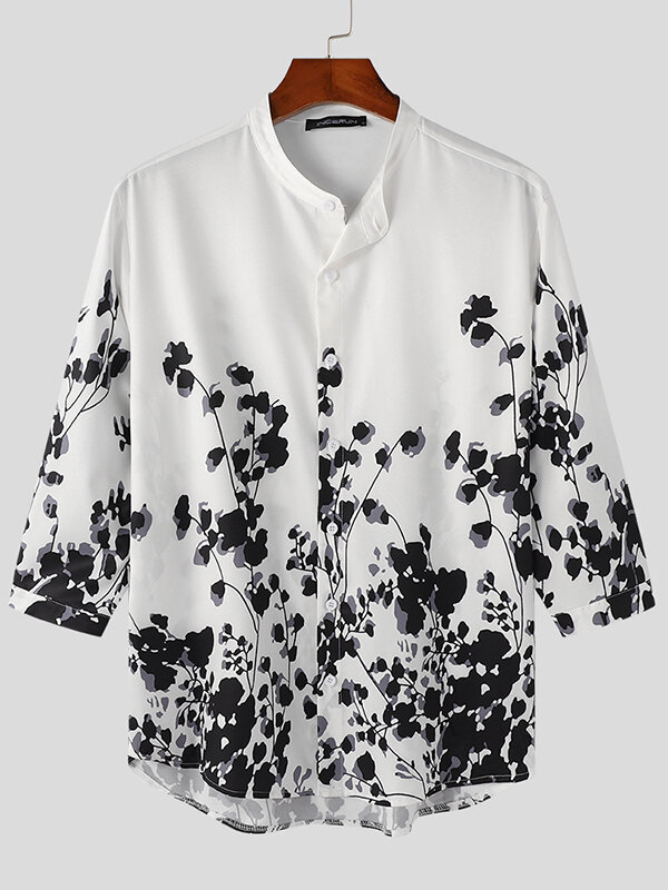 Mens Floral Plant Print Stand Collar 3 4 Sleeve Shirt
