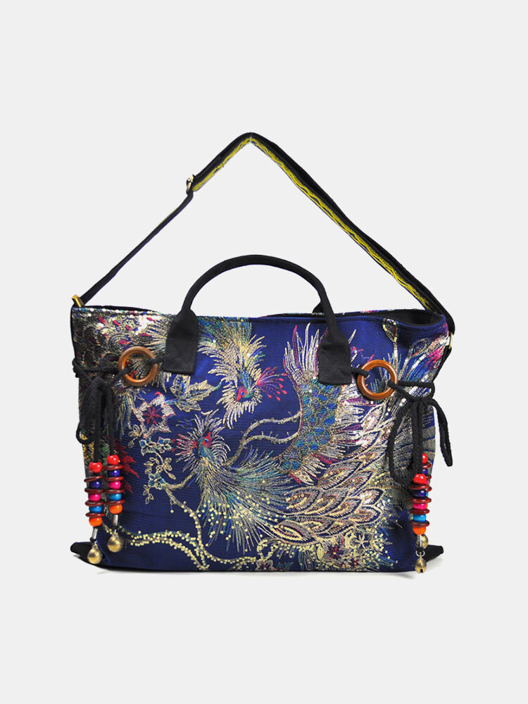 Women Ethnic Peacock Embroidery Tassel Handbag Tote