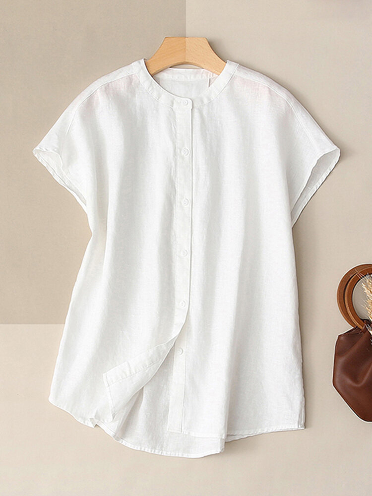 Solid Button Front Short Sleeve Stand Collar Blouse