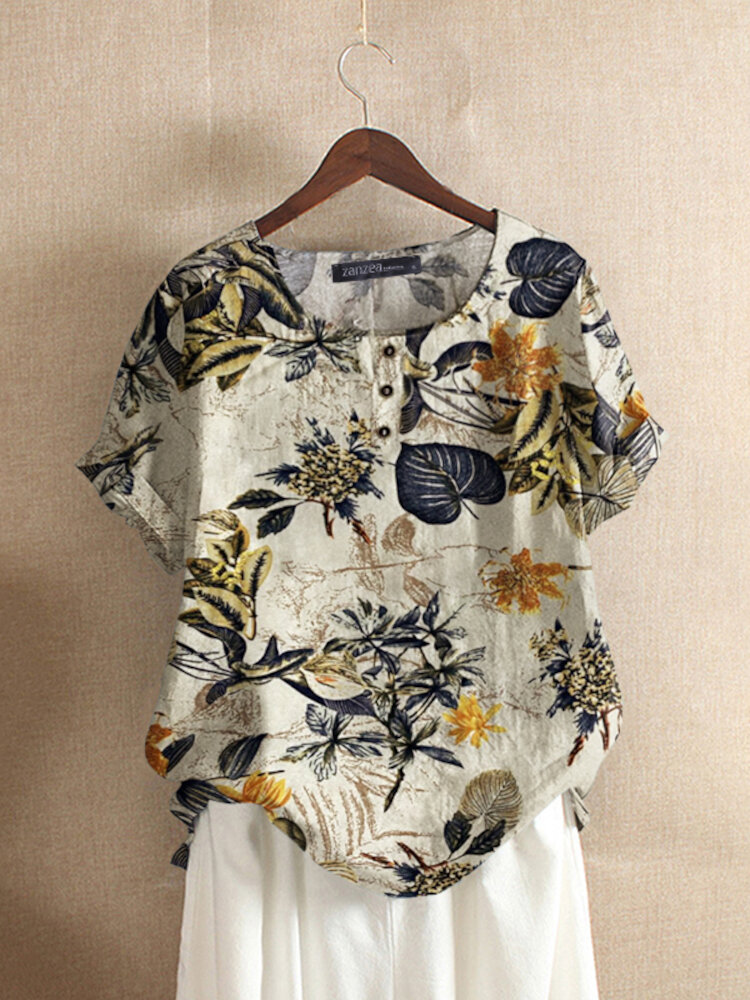 Allover Plants Print Button Front Short Sleeve Blouse