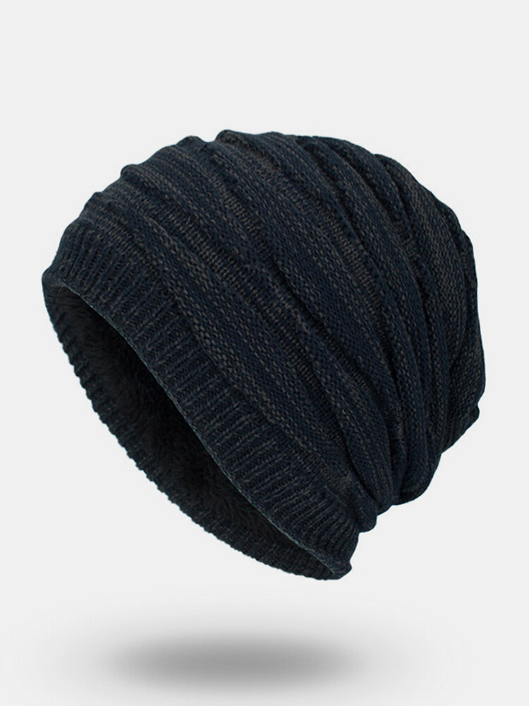Men Winter Plus Velvet Plain Color Striped Pattern Outdoor Knitted Warm Beanie Hat