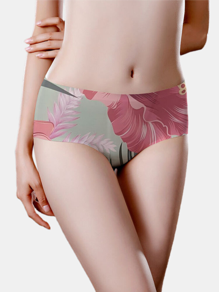 Seamless Women Floral Print Breathable Ice Silk Mid Waisted Panties