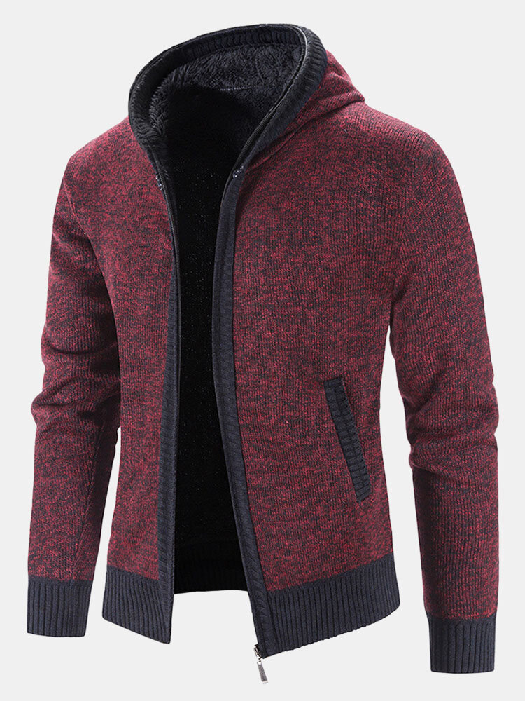 

Mens Marled Knit Zip Front Plush Lined Warm Hooded Cardigans, Wine red;coffee;blue;gray;dark gray
