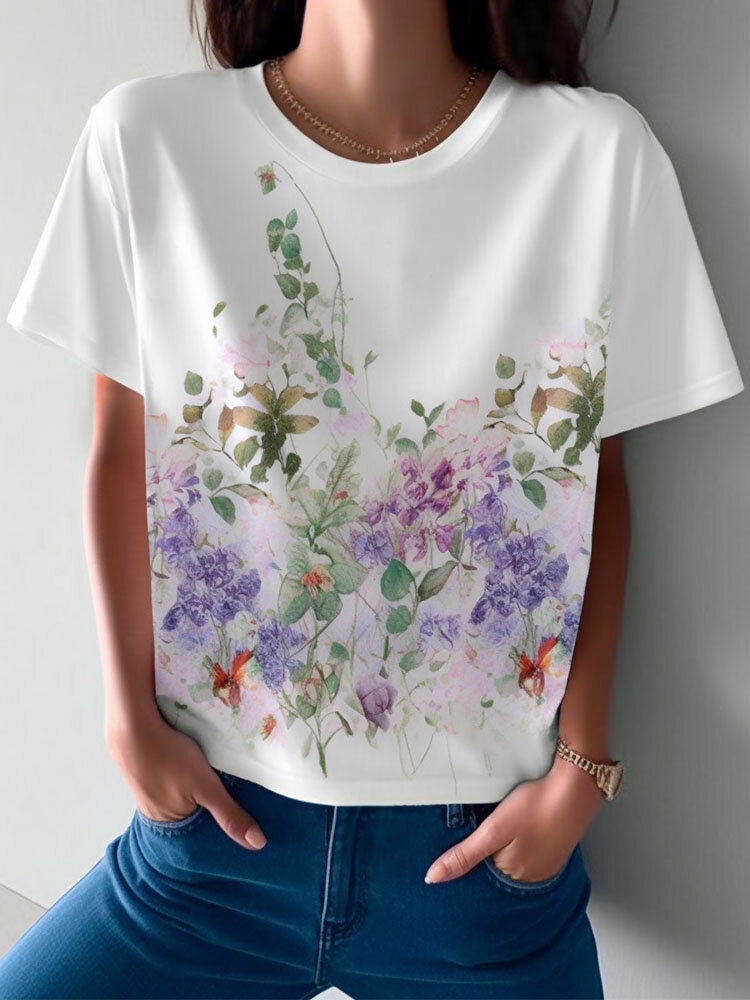 Women Floral Plant Print Crew Neck Short Sleeve T-Shirt