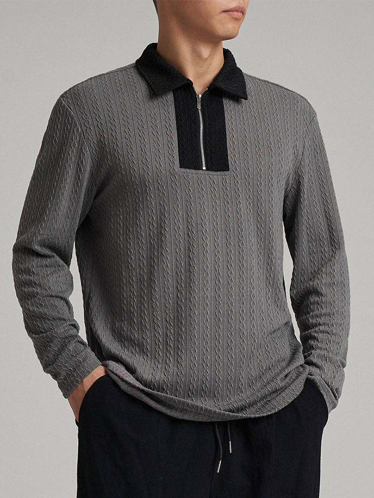 

Mens Texure Zip Designed Hit Collar Long Sleeve Polos Shirts, Dark gray