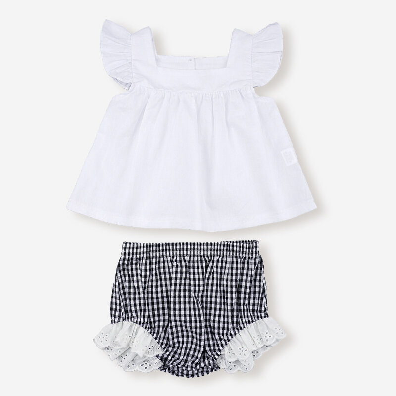 Baby Flying Sleeves White Tops+Plaid Print Shorts Clothing Set For 3-24M