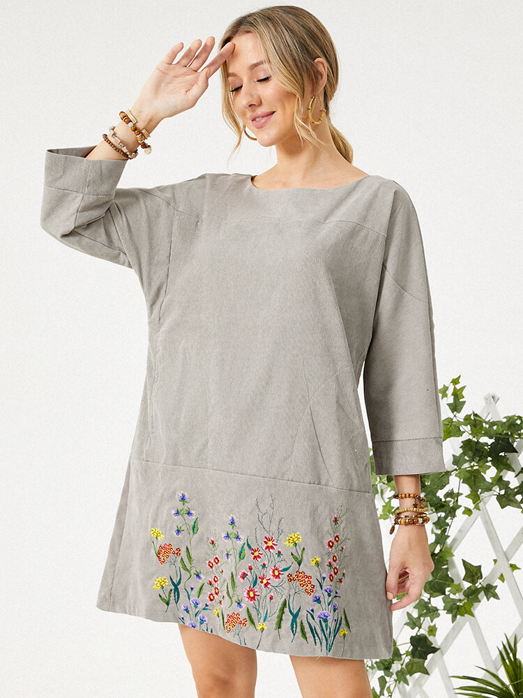 Embroidered Vintage Pockets Corduroy Solid Color Loose Casual Dress