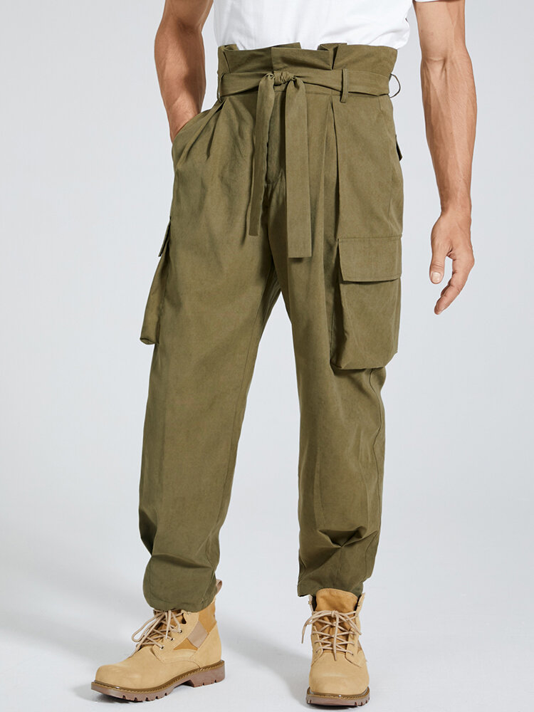 

Mens Solid Color Casual Belted Pants With Multi Pocket, Khaki;army green;black