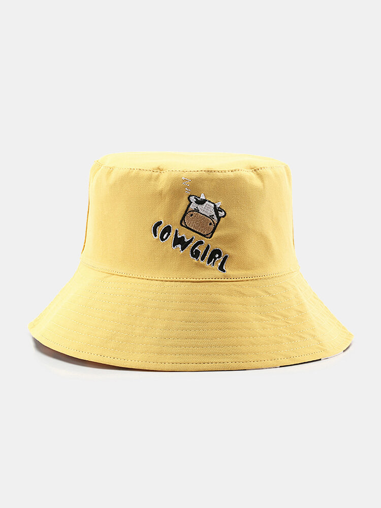 Women's Cotton Outdoor Casual Cute Cow Pattern Double-sided Sunscreen Bucket Hat