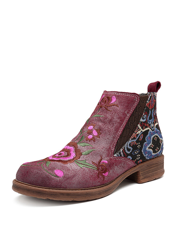 SOCOFY Sooo Comfy Embroidery Genuine Leather Splicing Pattern Zipper Flat Boots
