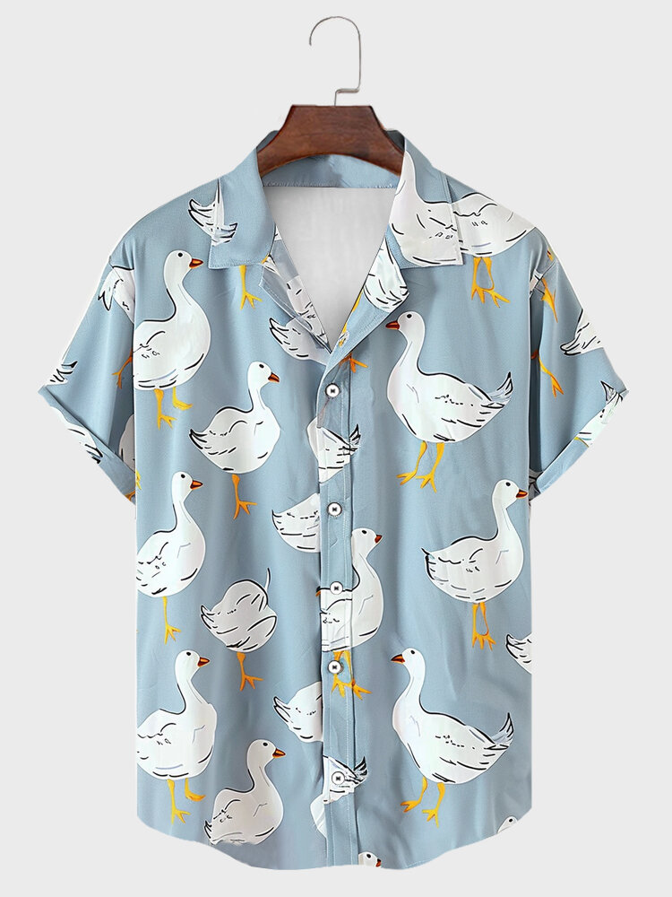 

Mens Allover Cartoon Duck Print Revere Collar Short Sleeve Shirts, Blue