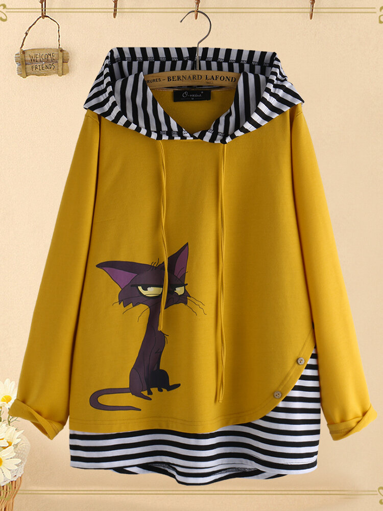 Cat Print Stripe Patchwork Long Sleeve Hoodie for Women