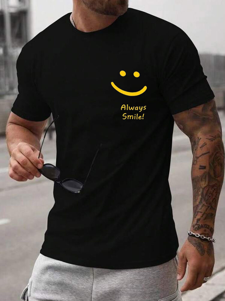 

Mens Smile Slogan Print Crew Neck Casual Short Sleeve T-Shirts Winter, Black
