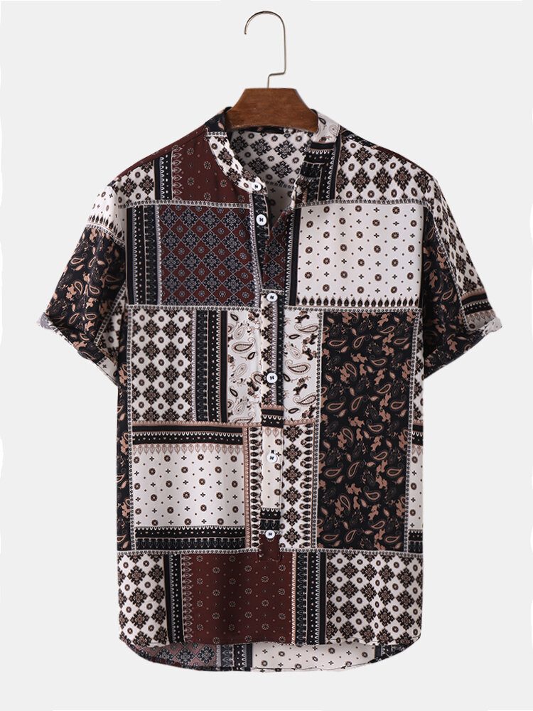 Camisas masculinas étnicas Paisley com estampa floral meio botão manga curta Henley